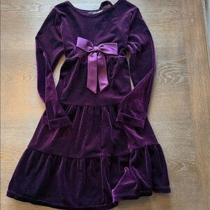 Girls' Velvet Long-Sleeve Dress with Bow - Deep Plum